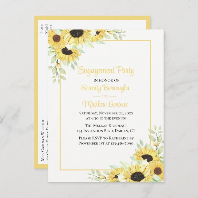 Elegante florale Gelbe Sonnenblumen-Engagement Par Einladungspostkarte (Vorne/Hinten)