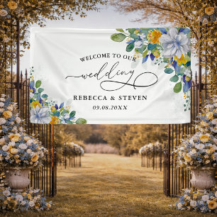 Elegante florale gelbe und blaue Aquarell-Hochzeit Banner