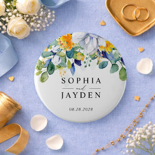 Elegante florale gelbe und blaue Aquarell-Hochzeit Button