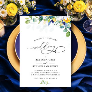 Elegante florale gelbe und blaue Aquarell-Hochzeit Einladung
