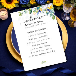 Elegante florale gelbe und blaue Aquarell-Hochzeit Programm