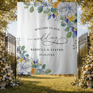 Elegante florale gelbe und blaue Aquarell-Hochzeit Wandteppich