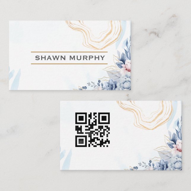 Elegante Florale Gold Line QR Code Visitenkarte (Vorne/Hinten)