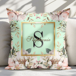 Elegante florale goldfarbene Rahmen Monogram Light Kissen