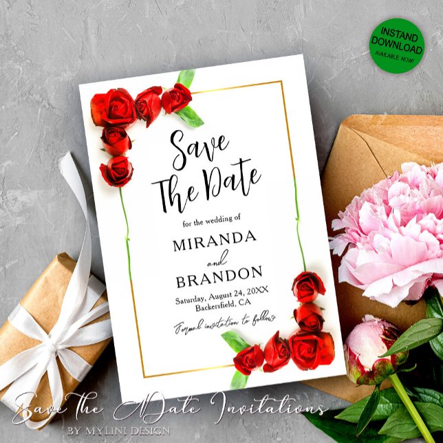 Elegante florale Goldrahmen-Rote Rosen Save the Da Einladung (Von Creator hochgeladen)
