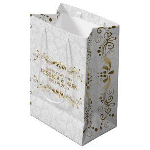 Elegante Florale Goldspitze mit weißen Damastmuste Mittlere Geschenktüte