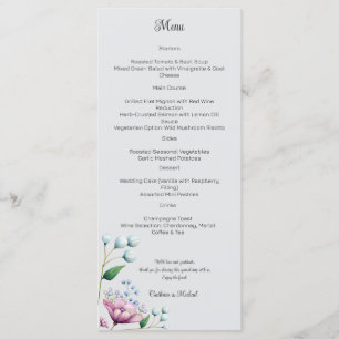 Elegante florale Hochzeit Soft Botanical Romance Menükarte