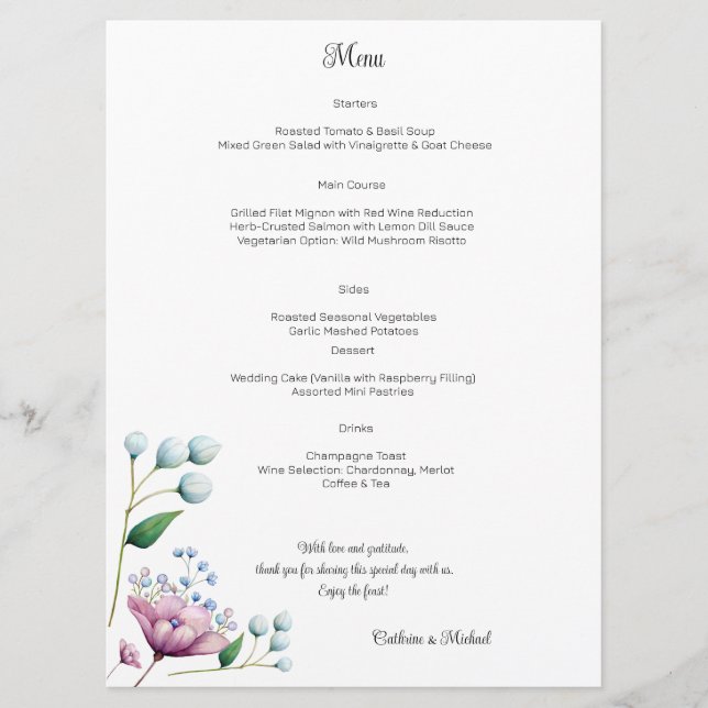Elegante florale Hochzeit Soft Botanical Romance Menükarte (Vorderseite)
