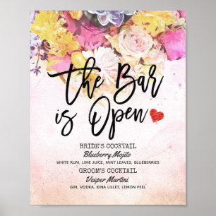 Elegante Florale Hochzeits-Bar ist geöffnet Geträn Poster