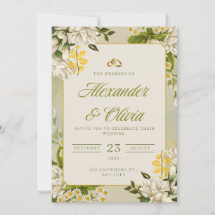 Elegante Florale Hochzeits-Einladung Weiß & Gold Einladung