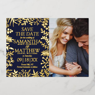 Elegante Florale Hochzeitsfoto-Save-the-Date-Karte Folieneinladung