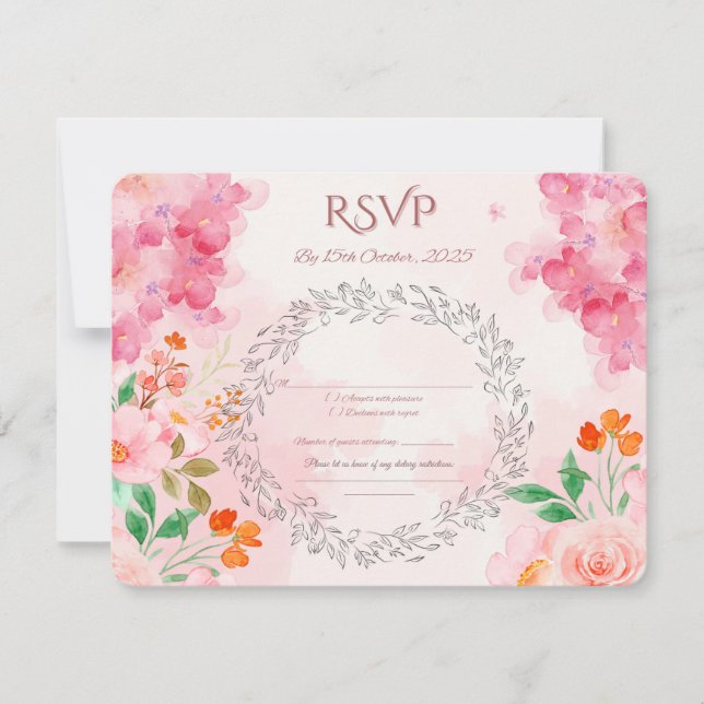 Elegante florale Hochzeitskarte RSVP | Rosa Farbe (Vorderseite)