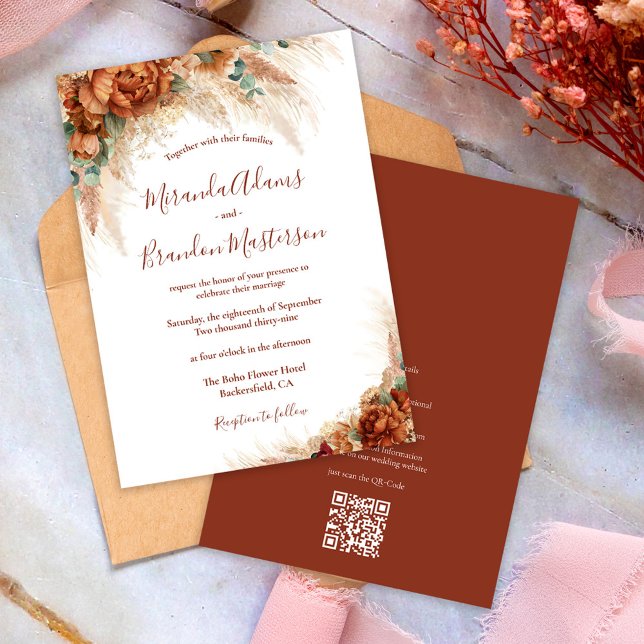 Elegante Florale Kalligrafie QR-CodeBoho-Hochzeit Einladung (Von Creator hochgeladen)