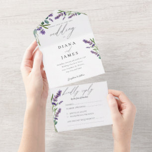 Elegante florale Lavendel-Kalligrafie-Hochzeit All In One Einladung