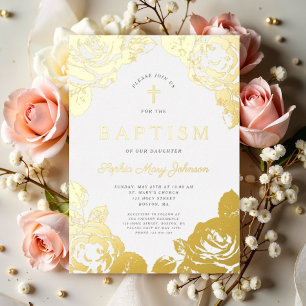 Elegante Florale Mädchen-Taufe Goldfolie Einladung