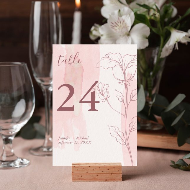Elegante florale Moderne rosa Wasserfarbenhochzeit Tischnummer (Pink watercolor floral outline design table number card is perfect for your wedding reception.)