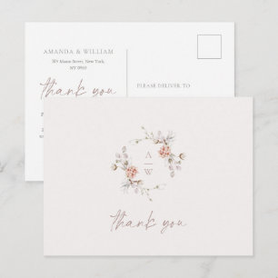 Elegante Florale Monogramm-Hochzeits-Dankeskarten- Postkarte
