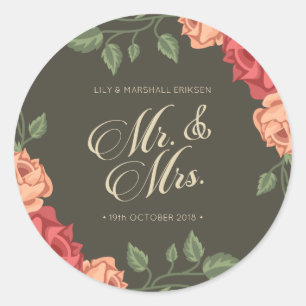 Elegante Florale Mr & Mrs Hochzeit Sticker Siege