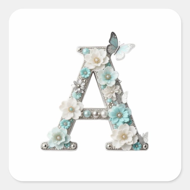 Elegante Florale Perlen mit Ihrem Monogramm A Aufk Quadratischer Aufkleber (Vorderseite)