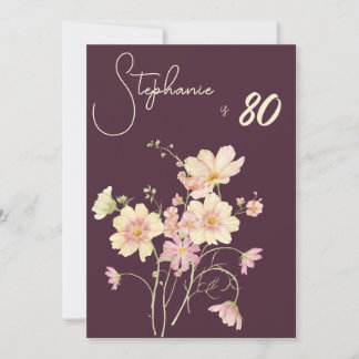 Elegante Florale Pflaumen-Rosé 80. Geburtstag Einladung
