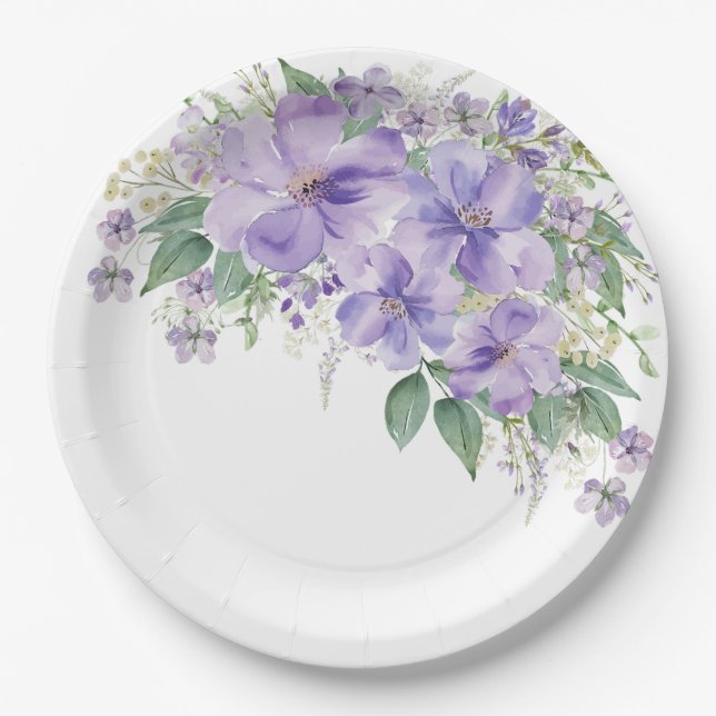Elegante Florale Purpurfarbene Brautparty Pappteller (Vorderseite)