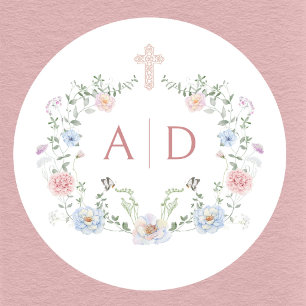 Elegante florale Rahmen religiöse Hochzeitsmonogra Runder Aufkleber