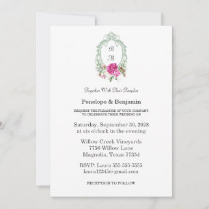 Elegante florale rosa Pfingstrosen-Monogramm-Hochz Einladung