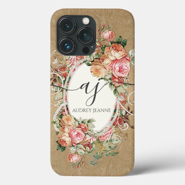 Elegante florale Rose Gold Damask Monogram Script Case-Mate iPhone Hülle (Rückseite)