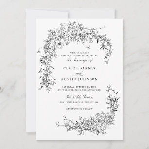Elegante florale Rose Schwarz-weiß Wedding Monogra Einladung
