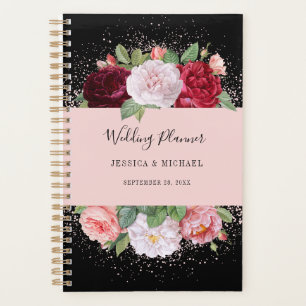 Elegante Florale Rosen Schwarze Pink Hochzeit Planer