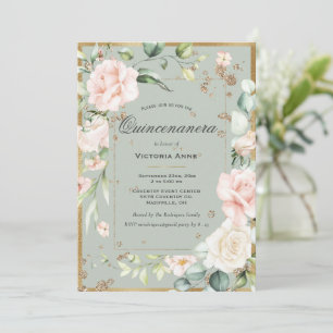 Elegante Florale Salbei Grün Gold Quinceanera Einladung