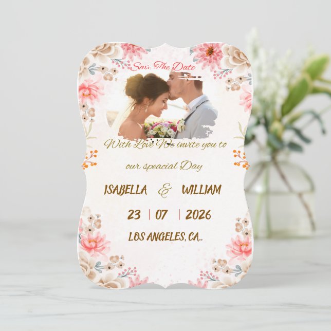 Elegante, florale Save the Date-Karte Date (Stehend Vorderseite)