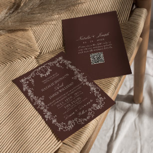 Elegante Florale Schokoladenbraune QR-Code-Hochzei Einladung