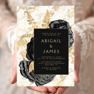 Elegante Florale Schwarz Gold Weiße Marmor Hochzei Einladung