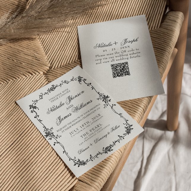 Elegante Florale Schwarz-Weiß-Botanik-QR-Code-Hoch Einladung (Von Creator hochgeladen)