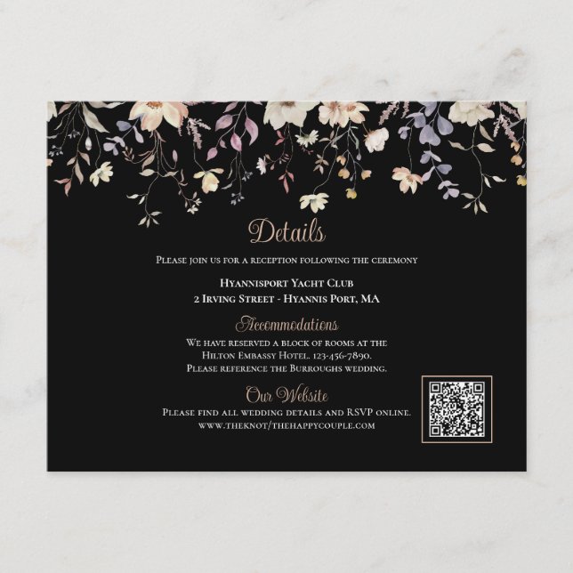 Elegante Florale Schwarze Boho QR-Code Hochzeitsde Begleitkarte (Vorderseite)
