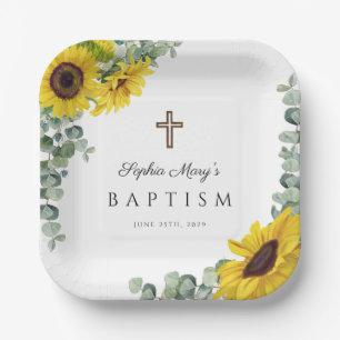 Elegante Florale Sonnenblumen Kreuz Taufe Pappteller