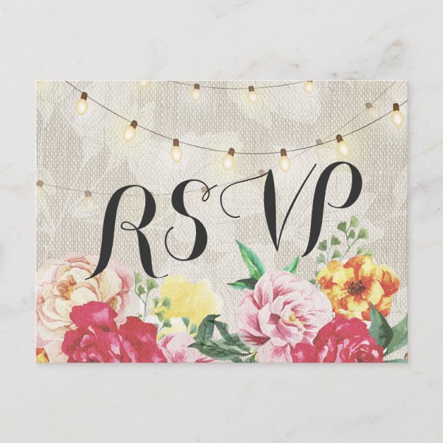 Elegante florale String Lights Linen Wedding RSVP Einladungspostkarte (Vorderseite)