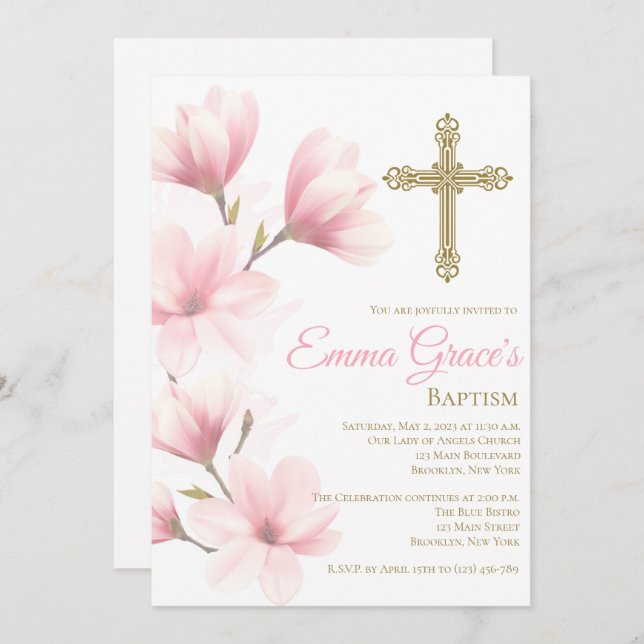 Elegante florale Taufe Christening Einladung (Vorne/Hinten)