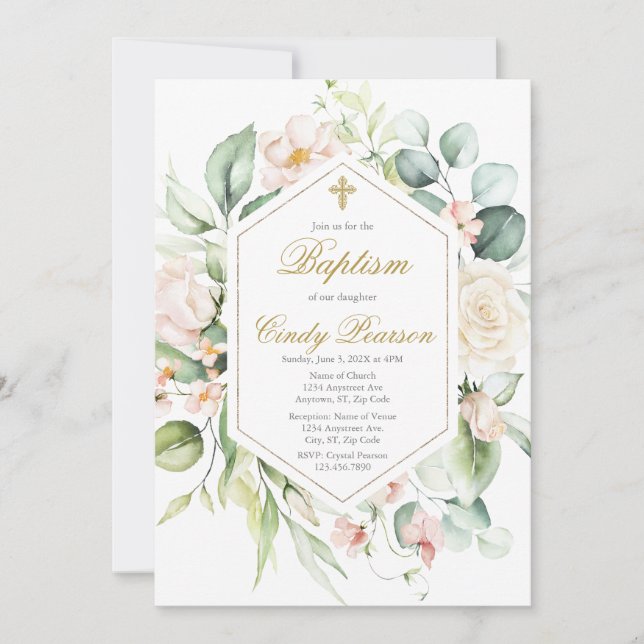 Elegante, florale Taufe Einladung (Vorderseite)
