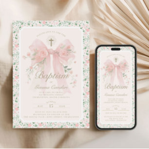 Elegante Florale Taufeinladung mit rosa Schleife Einladung
