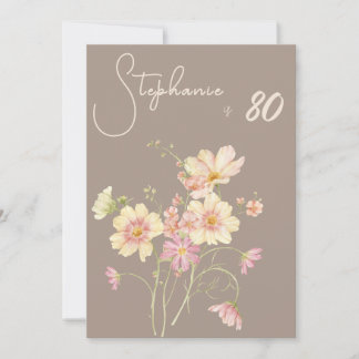 Elegante Florale Taupe-Rosa 80. Geburtstag Einladung