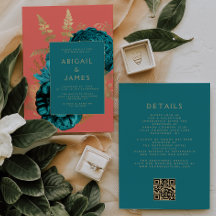 Elegante Florale Teal Gold Koralle QR-Code-Hochzei
