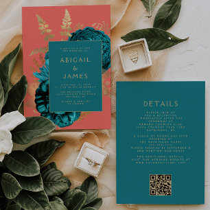 Elegante Florale Teal Gold Koralle QR-Code-Hochzei Einladung