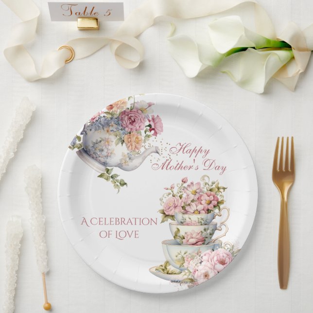 Elegante Florale Teeparty Zum Glücklichen Mutterta Pappteller (Hochzeit)