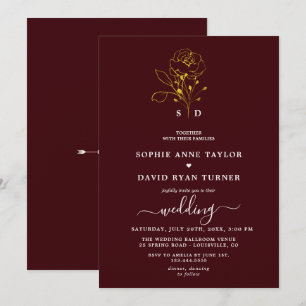 Elegante Florale Tief-Burgunder-Gold-Monogramm-Hoc Einladung