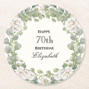 Elegante Florale Umrandung Frauen 70. Geburtstag B Runder Pappuntersetzer