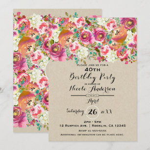 Elegante Florale- und Kraft-Shabby-Chic-Geburtstag Einladung