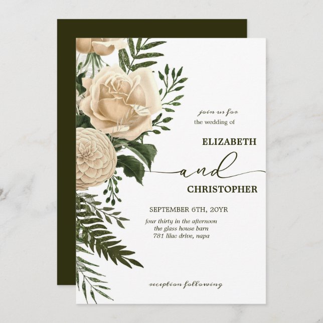 Elegante florale Vegetation und Cream Bouquets Wed Einladung (Vorne/Hinten)