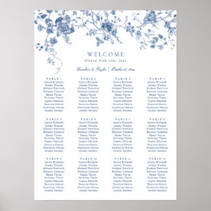 Elegante florale Vintage-Blau-Hochzeit Sitzplan Poster